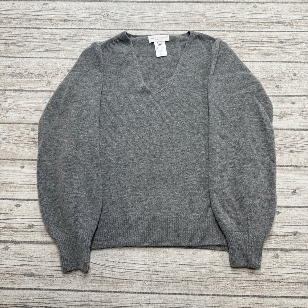 Bianco & Blu Sweater Women's Medium Gray Wool Cashmere Puff Sleeve V-Neck Italy
